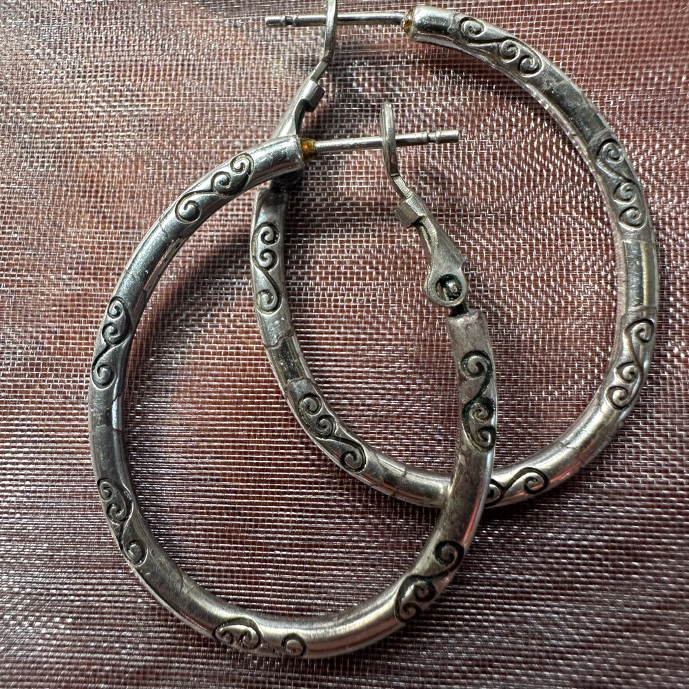 Brighton Silver Etched Oval Hoop Earrings